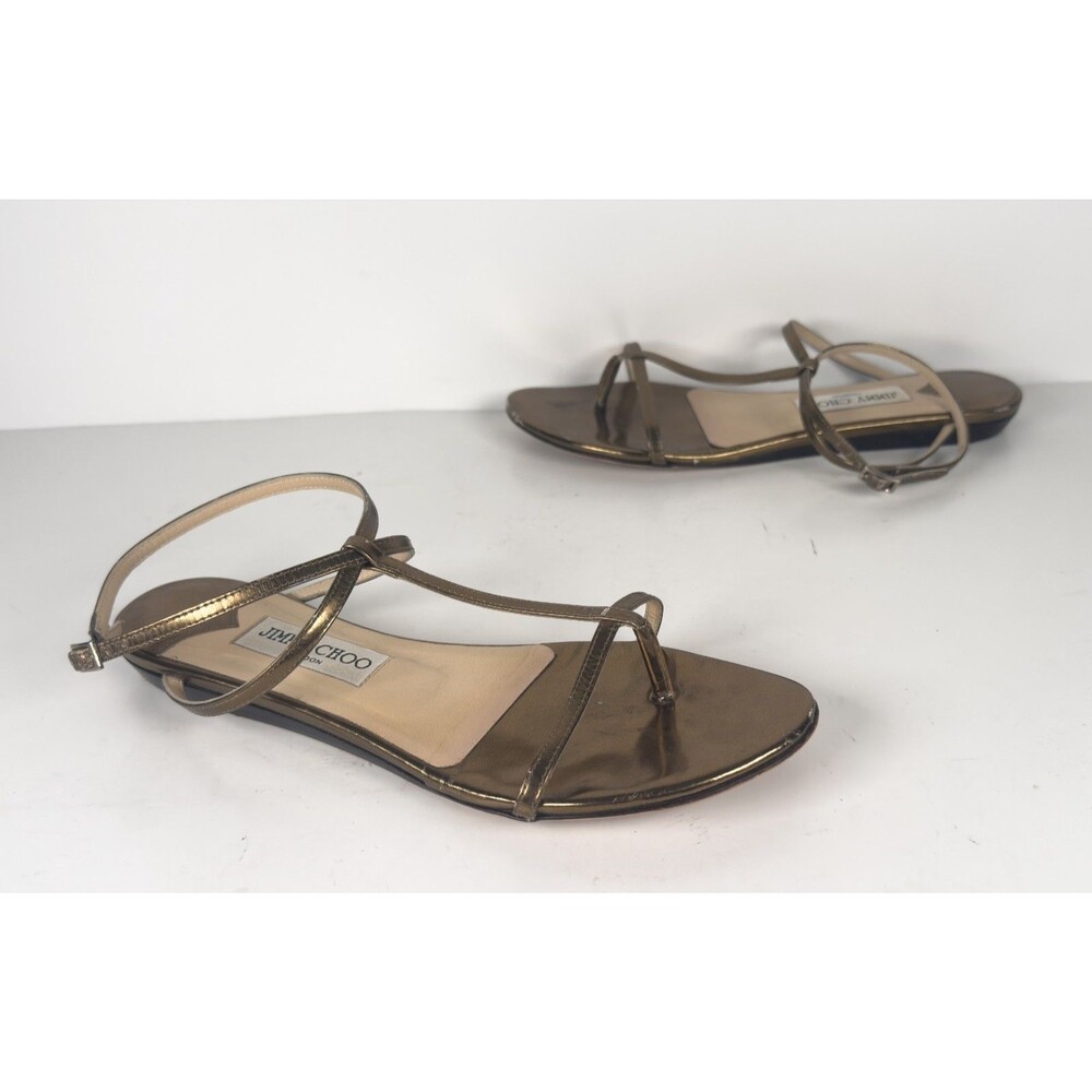 Jimmy Choo Gold Leather T Strap Women's Flat Sandals EU 38.5 US 8.5